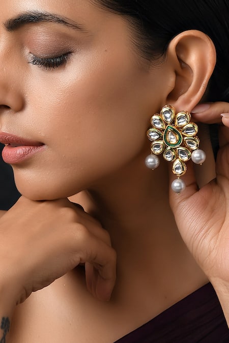 Shop_Paisley Pop_Gold Plated Pearls, Stones Floral Kundan Encrusted Earrings _at_Aza_Fashions