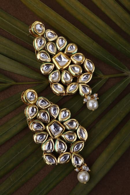 Shop_Paisley Pop_Gold Plated Crystals, Pearls Shradha Kundan Encrusted Floral Earrings _at_Aza_Fashions