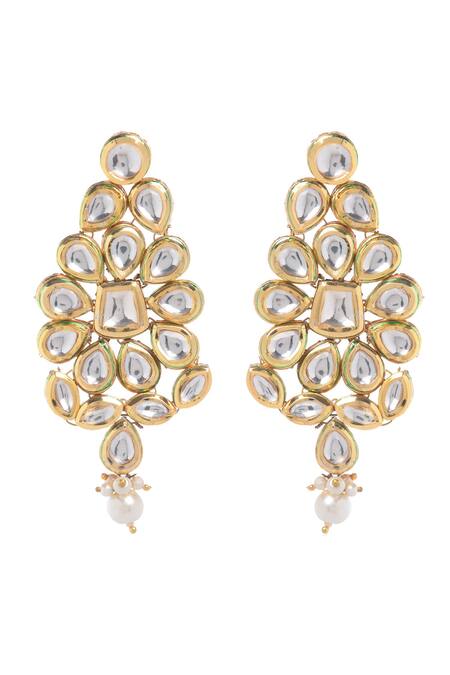 Paisley Pop_Gold Plated Crystals, Pearls Shradha Kundan Encrusted Floral Earrings _Online_at_Aza_Fashions