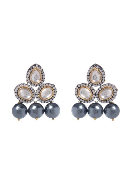 Paisley Pop_Grey Pearls, Diamonds Polki And Embellished Earrings _Online_at_Aza_Fashions