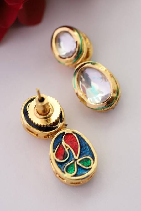 Shop Paisley Pop Gold Plated Gota Patti, Stones Kundan Encrusted Earrings at Aza Fashions Shop_Paisley Pop_Gold Plated Gota Patti, Stones Kundan Encrusted Earrings _at_Aza_Fashions