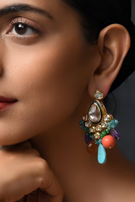 Shop_Paisley Pop_Multi Color Lace Navratan And Kundan Stone Embellished Earrings _at_Aza_Fashions