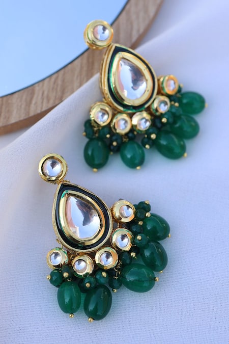 Shop Paisley Pop Green Beads, Diamonds Kundan And Embellished Earrings at Aza Fashions Shop_Paisley Pop_Green Beads, Diamonds Kundan And Embellished Earrings _at_Aza_Fashions