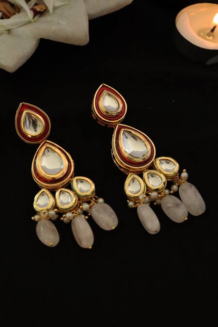 Shop_Paisley Pop_Pink Pearls, Stones Kundan Embellished Earrings _Online_at_Aza_Fashions