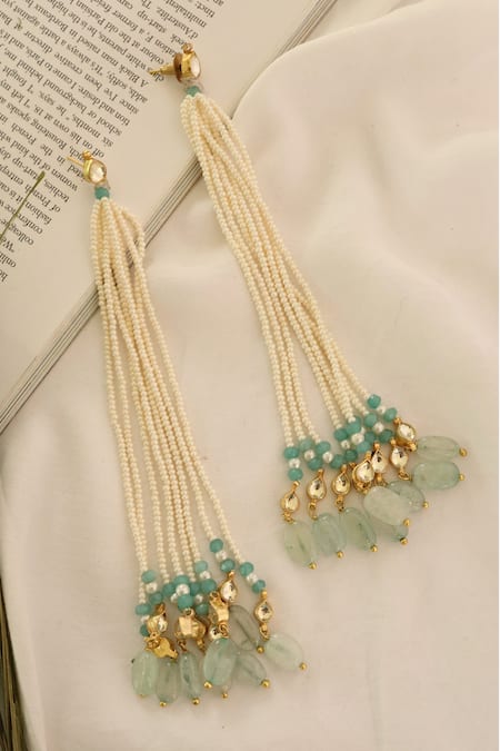 Shop Paisley Pop Blue Pearls Embellished Danglers at Aza Fashions Shop_Paisley Pop_Blue Pearls Embellished Danglers _at_Aza_Fashions