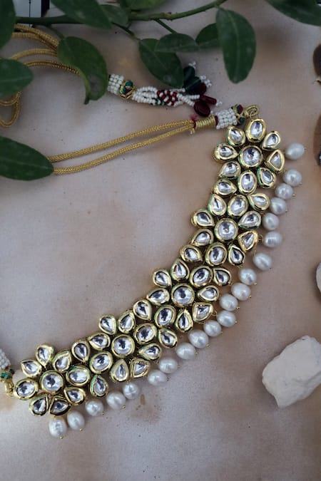 Shop_Paisley Pop_Gold Plated Pearls, Diamonds Aparna Kundan Embellished Choker Set _at_Aza_Fashions