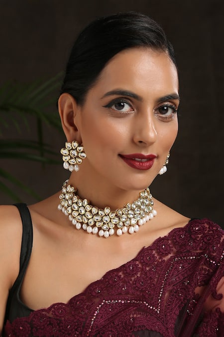 Paisley Pop_Gold Plated Pearls, Diamonds Aparna Kundan Embellished Choker Set _Online_at_Aza_Fashions