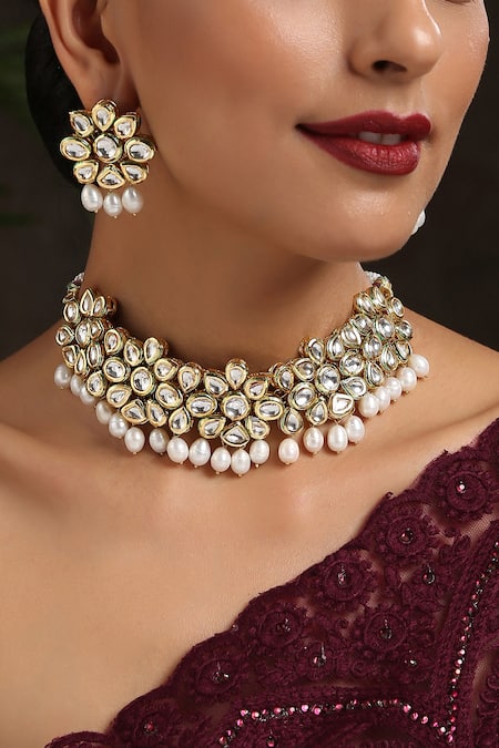 Buy_Paisley Pop_Gold Plated Pearls, Diamonds Aparna Kundan Embellished Choker Set _Online_at_Aza_Fashions