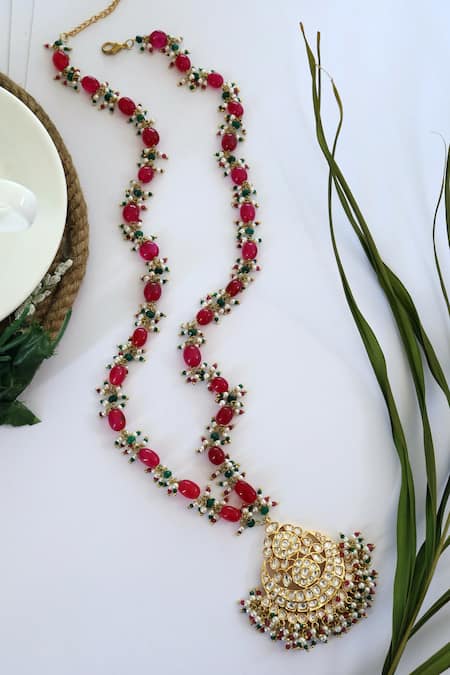 Shop_Paisley Pop_Red Kundan Embellished Pendant Necklace _at_Aza_Fashions