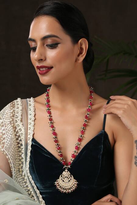 Paisley Pop_Red Kundan Embellished Pendant Necklace _Online_at_Aza_Fashions