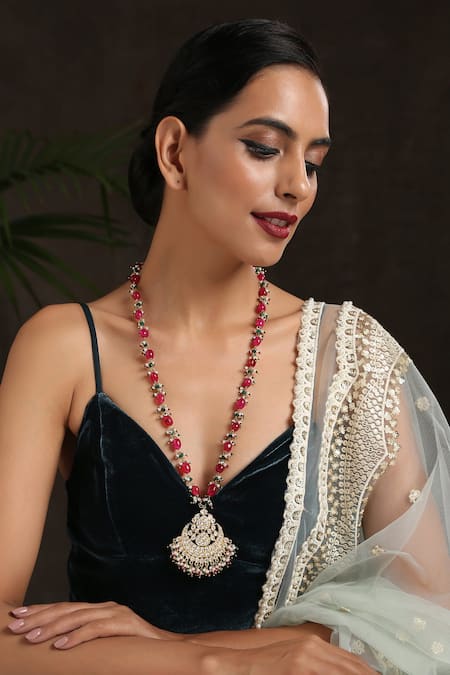 Buy_Paisley Pop_Red Kundan Embellished Pendant Necklace _Online_at_Aza_Fashions