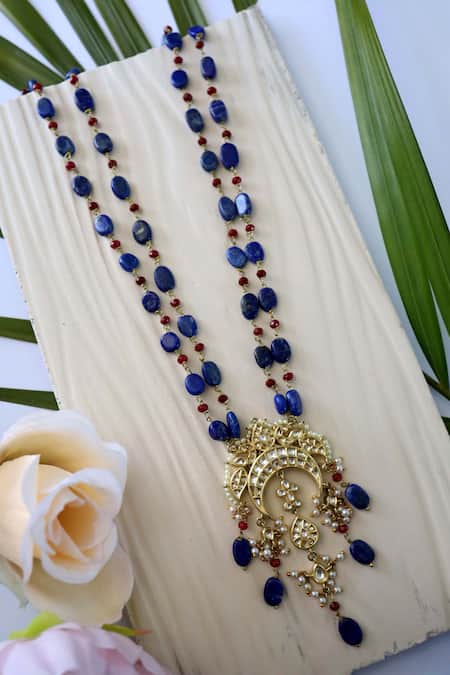 Paisley Pop Blue Half Crescent Carved Pendant Necklace Online at Aza Fashions Paisley Pop_Blue Half Crescent Carved Pendant Necklace _Online_at_Aza_Fashions