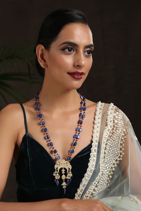 Paisley Pop Blue Half Crescent Carved Pendant Necklace at Aza Fashions Paisley Pop_Blue Half Crescent Carved Pendant Necklace _at_Aza_Fashions