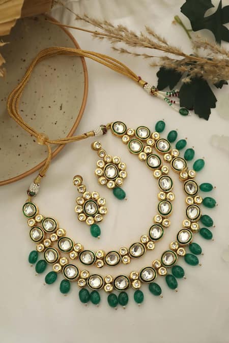 Shop Paisley Pop Green Stones, Zari Kundan Embellished Layered Necklace Set at Aza Fashions Shop_Paisley Pop_Green Stones, Zari Kundan Embellished Layered Necklace Set _at_Aza_Fashions