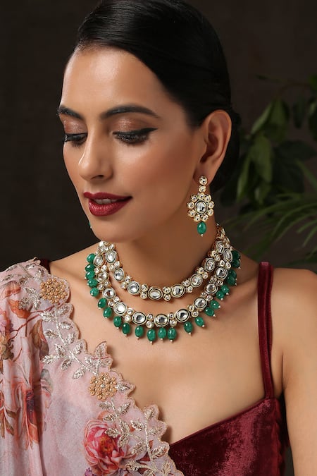 Paisley Pop Green Stones, Zari Kundan Embellished Layered Necklace Set Online at Aza Fashions Paisley Pop_Green Stones, Zari Kundan Embellished Layered Necklace Set _Online_at_Aza_Fashions