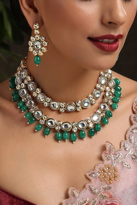 Buy Paisley Pop Green Stones, Zari Kundan Embellished Layered Necklace Set Online at Aza Fashions Buy_Paisley Pop_Green Stones, Zari Kundan Embellished Layered Necklace Set _Online_at_Aza_Fashions