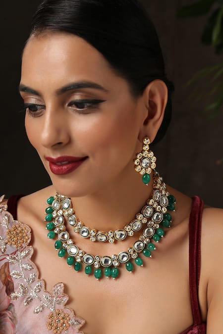 Shop Paisley Pop Green Stones, Zari Kundan Embellished Layered Necklace Set Online at Aza Fashions Shop_Paisley Pop_Green Stones, Zari Kundan Embellished Layered Necklace Set _Online_at_Aza_Fashions