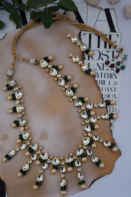 Shop Paisley Pop Green Stones, Pearls, Diamonds Kundan And Embellished Necklace Set at Aza Fashions Shop_Paisley Pop_Green Stones, Pearls, Diamonds Kundan And Embellished Necklace Set _at_Aza_Fashions