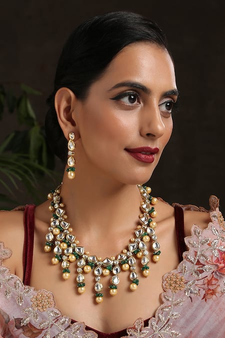 Shop Paisley Pop Green Stones, Pearls, Diamonds Kundan And Embellished Necklace Set Online at Aza Fashions Shop_Paisley Pop_Green Stones, Pearls, Diamonds Kundan And Embellished Necklace Set _Online_at_Aza_Fashions