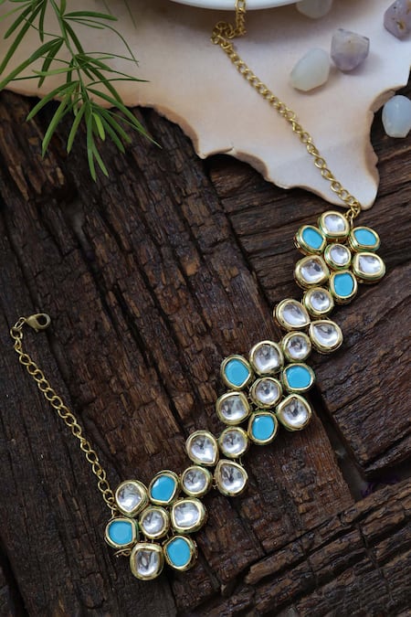 Shop_Paisley Pop_Blue Crystals, Rhinestones Kundan Embellished Floral Headband _at_Aza_Fashions