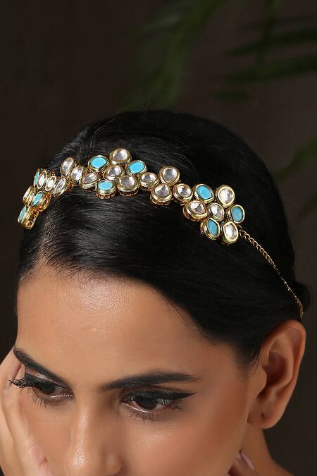 Buy_Paisley Pop_Blue Crystals, Rhinestones Kundan Embellished Floral Headband _Online_at_Aza_Fashions