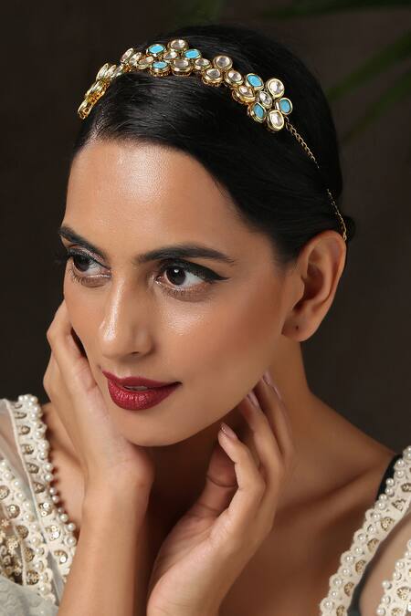 Shop_Paisley Pop_Blue Crystals, Rhinestones Kundan Embellished Floral Headband _Online_at_Aza_Fashions