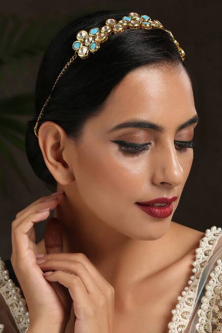 Paisley Pop_Blue Crystals, Rhinestones Kundan Embellished Floral Headband _at_Aza_Fashions