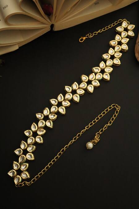 Paisley Pop_Gold Kundan Shell Pearl Floral Headband _Online_at_Aza_Fashions