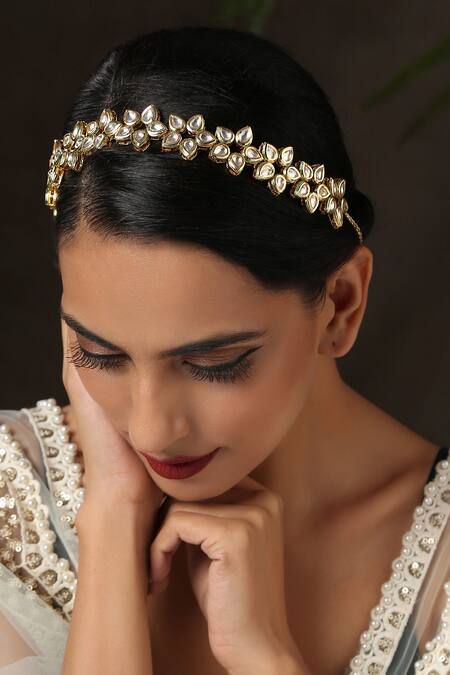 Shop_Paisley Pop_Gold Kundan Shell Pearl Floral Headband _Online_at_Aza_Fashions