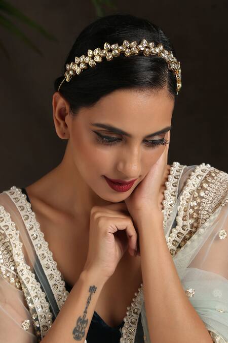 Paisley Pop_Gold Kundan Shell Pearl Floral Headband _at_Aza_Fashions