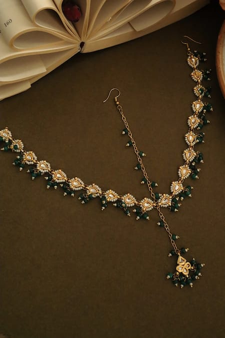 Shop Paisley Pop Green Crystals, Pearls Kundan Embellished Mathapatti at Aza Fashions Shop_Paisley Pop_Green Crystals, Pearls Kundan Embellished Mathapatti _at_Aza_Fashions