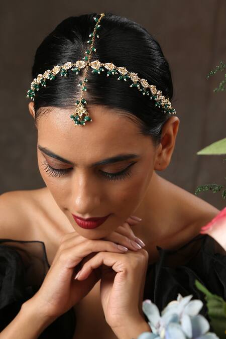 Paisley Pop Green Crystals, Pearls Kundan Embellished Mathapatti Online at Aza Fashions Paisley Pop_Green Crystals, Pearls Kundan Embellished Mathapatti _Online_at_Aza_Fashions