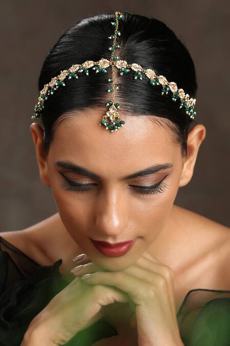 Buy Paisley Pop Green Crystals, Pearls Kundan Embellished Mathapatti Online at Aza Fashions Buy_Paisley Pop_Green Crystals, Pearls Kundan Embellished Mathapatti _Online_at_Aza_Fashions