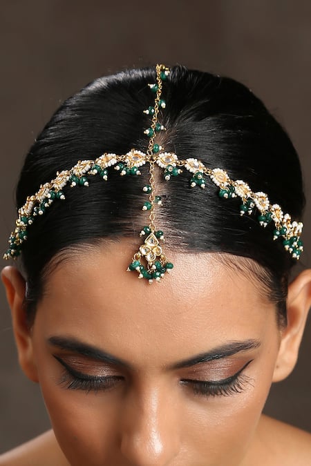 Shop Paisley Pop Green Crystals, Pearls Kundan Embellished Mathapatti Online at Aza Fashions Shop_Paisley Pop_Green Crystals, Pearls Kundan Embellished Mathapatti _Online_at_Aza_Fashions