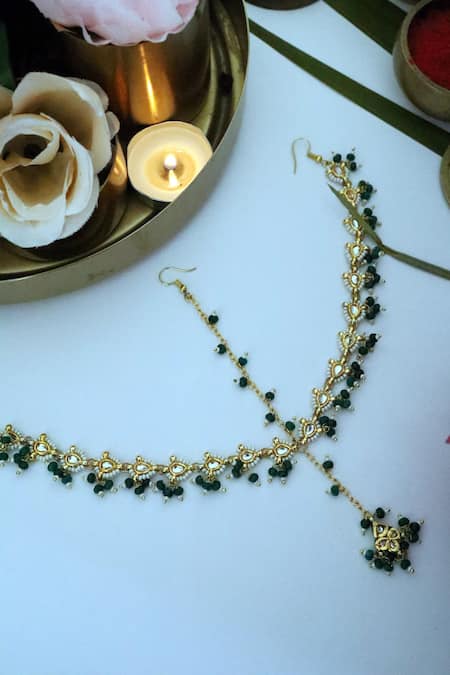 Paisley Pop Green Crystals, Pearls Kundan Embellished Mathapatti at Aza Fashions Paisley Pop_Green Crystals, Pearls Kundan Embellished Mathapatti _at_Aza_Fashions