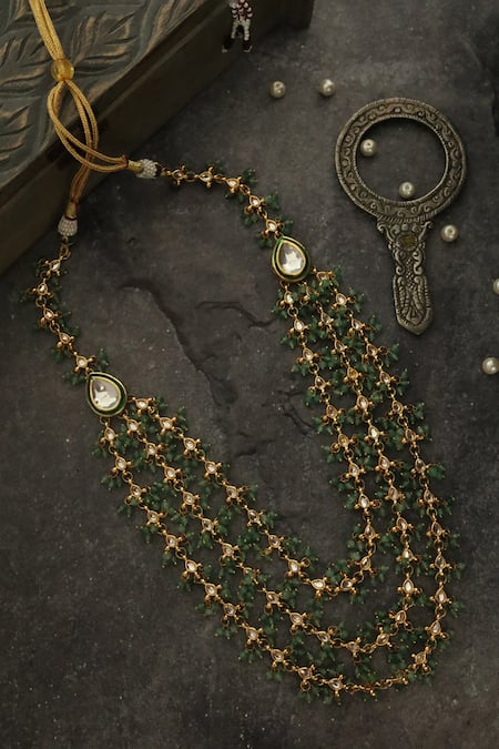 Shop Paisley Pop Green Stone And Kundan Embellished Layered Necklace at Aza Fashions Shop_Paisley Pop_Green Stone And Kundan Embellished Layered Necklace _at_Aza_Fashions