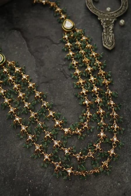 Paisley Pop Green Stone And Kundan Embellished Layered Necklace Online at Aza Fashions Paisley Pop_Green Stone And Kundan Embellished Layered Necklace _Online_at_Aza_Fashions