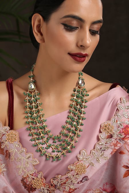 Shop Paisley Pop Green Stone And Kundan Embellished Layered Necklace Online at Aza Fashions Shop_Paisley Pop_Green Stone And Kundan Embellished Layered Necklace _Online_at_Aza_Fashions