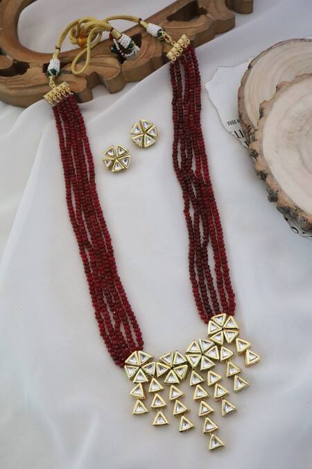 Shop_Paisley Pop_Red Stones, Diamonds Geometric Carved Pendant Necklace Set _at_Aza_Fashions