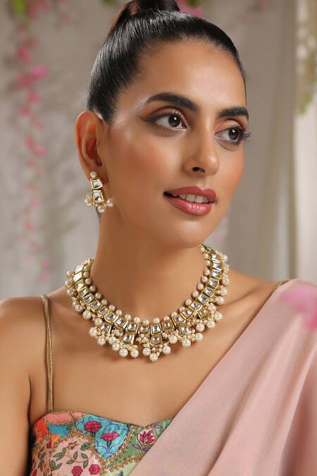 Paisley Pop Gold Plated Stones, Beads Kundan Embellished Necklace Set Online at Aza Fashions Paisley Pop_Gold Plated Stones, Beads Kundan Embellished Necklace Set _Online_at_Aza_Fashions