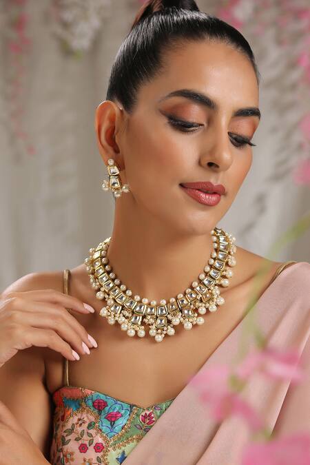 Shop Paisley Pop Gold Plated Stones, Beads Kundan Embellished Necklace Set Online at Aza Fashions Shop_Paisley Pop_Gold Plated Stones, Beads Kundan Embellished Necklace Set _Online_at_Aza_Fashions