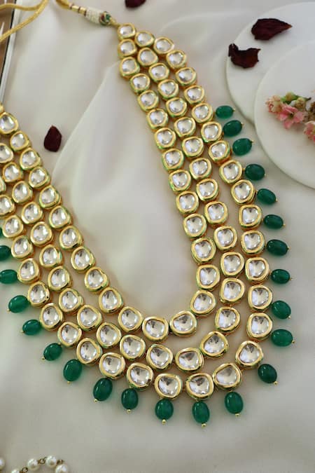 Shop_Paisley Pop_Green Kundan Studded Layered Necklace _at_Aza_Fashions