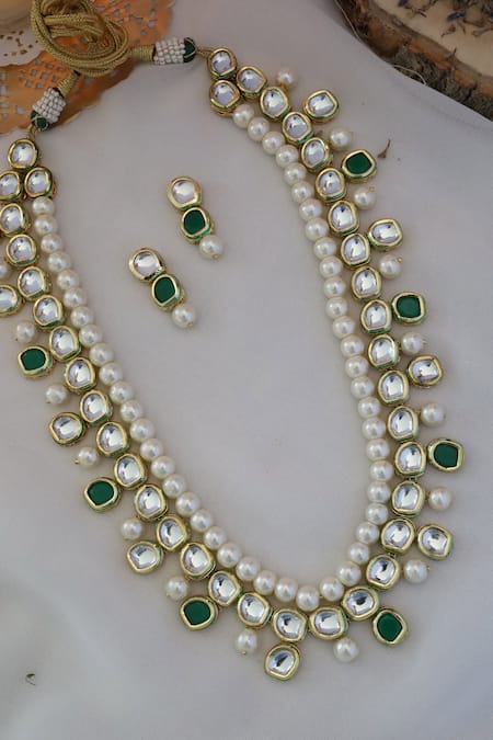 Shop Paisley Pop Green Pearls, Stones Embellished Necklace Set at Aza Fashions Shop_Paisley Pop_Green Pearls, Stones Embellished Necklace Set _at_Aza_Fashions