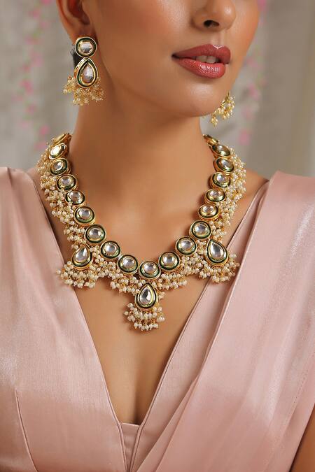 Shop_Paisley Pop_Gold Plated Pearls Kundan Embellished Pendant Necklace Set _Online_at_Aza_Fashions