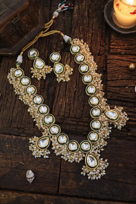 Shop_Paisley Pop_Gold Plated Pearls Kundan Embellished Pendant Necklace Set _at_Aza_Fashions