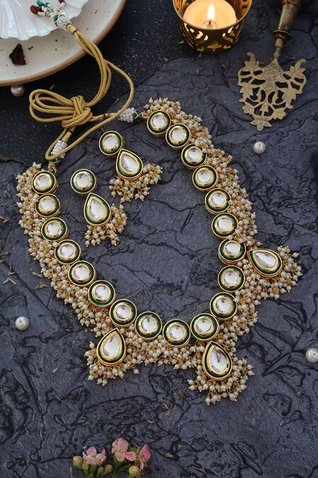 Paisley Pop_Gold Plated Pearls Kundan Embellished Pendant Necklace Set _at_Aza_Fashions