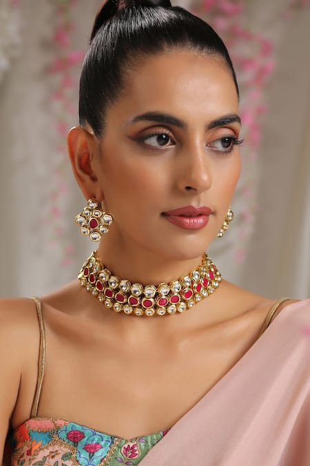Paisley Pop_Red Imitation Diamonds Kundan Studded Choker Set _Online_at_Aza_Fashions