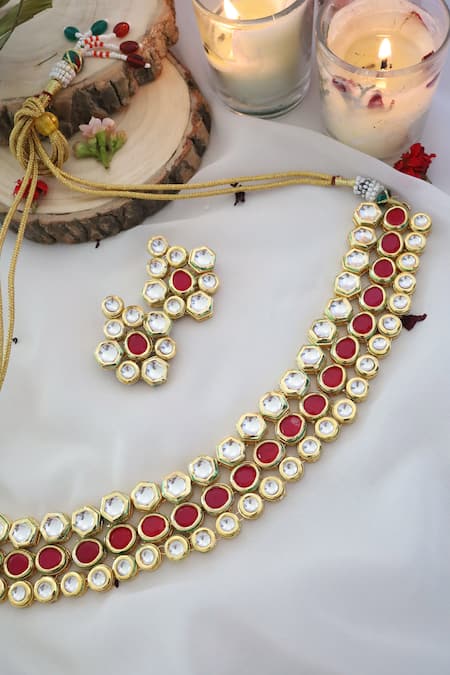 Paisley Pop_Red Imitation Diamonds Kundan Studded Choker Set _at_Aza_Fashions