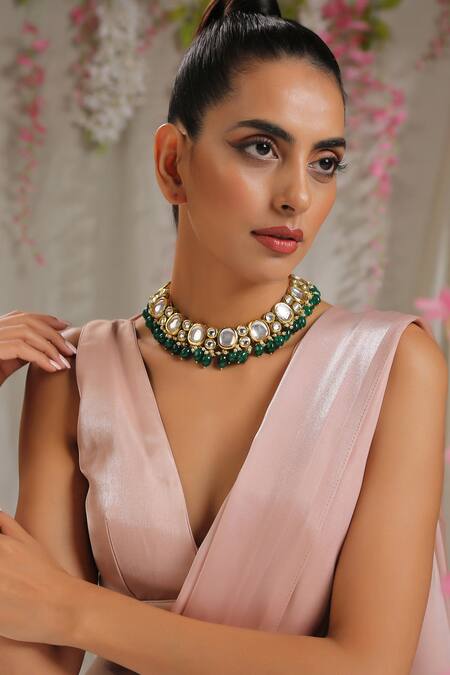 Paisley Pop_Green Beads, Diamonds Kundan Embellished Choker Set _Online_at_Aza_Fashions
