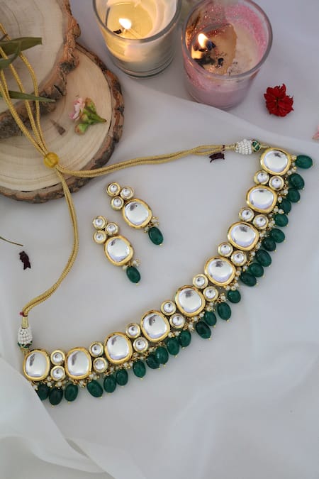 Shop_Paisley Pop_Green Beads, Diamonds Kundan Embellished Choker Set _at_Aza_Fashions